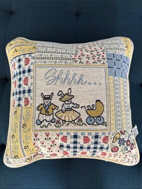 Jena Hall Collections Embroidered Bunny Patchwork Nursery Throw Pillow 12”